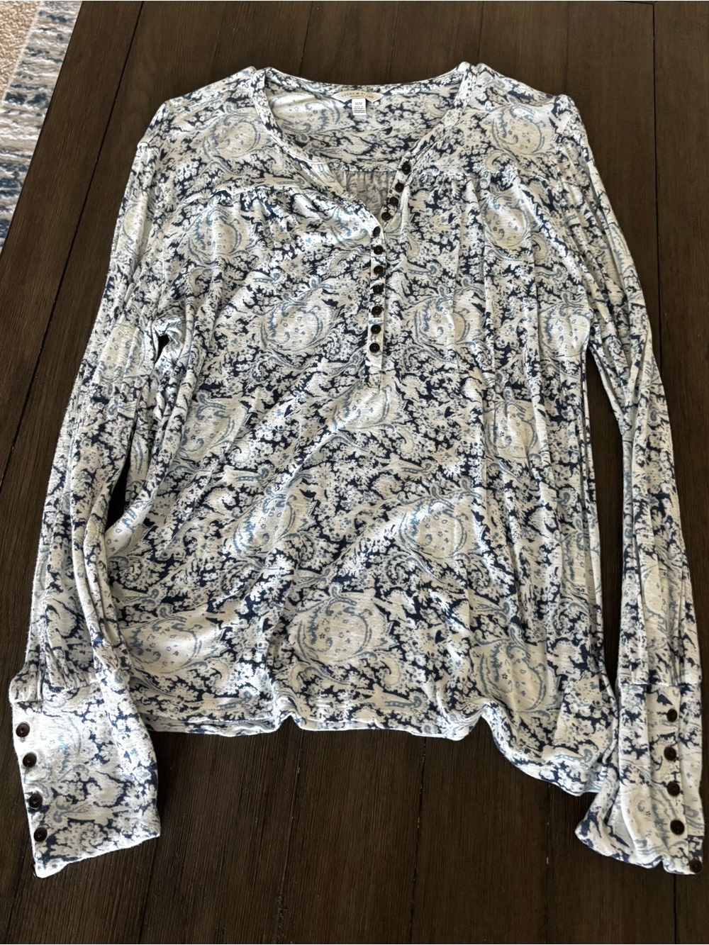 Lucky Brand Blue and White Paisley Henley Long Sleeve Top